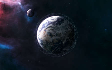 Planet Earth. Moon. Visualization of satellite orbits. Solar system. 3D render.