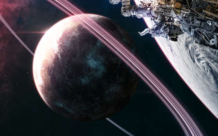 Planet in deep space. Space station in orbit. Science fiction.の写真素材