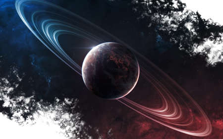 Space art in dust splash style on white background. Inhabited planet of deep space in light of red...