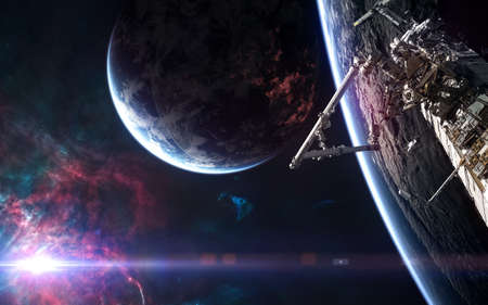 Orbital space station, deep space planets on background of bright star. Science fiction.