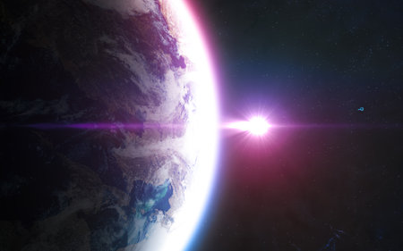 Sunrise on distant planet in red-blue light. View from space. Science fiction.