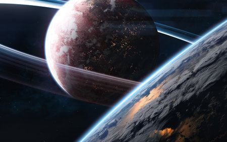 Distant habitable planet. View from orbit of deep space planet. Science fiction.