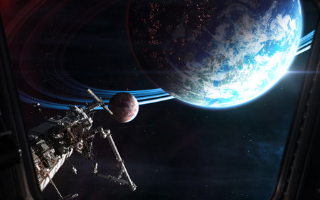 Deep space planets, space station. View from porthole. Science fiction.