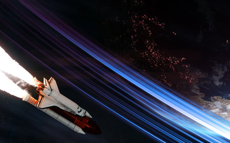 Space shuttle on background of habitable deep space planet. Science fiction.