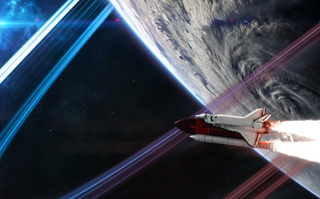 Space shuttle on background of deep space planet. Science fiction. Elements of this image furnished...