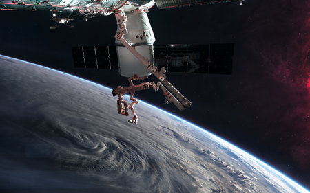 Space station in orbit of planet Earth. Solar system. Science fiction. Elements of this image...