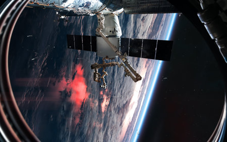 ISS in orbit of planet Earth. View from porthole. Solar system. Science fiction. Elements of this...