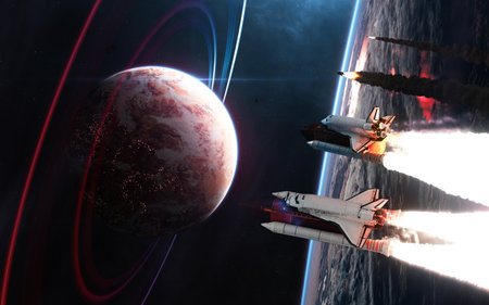 Spaceships fly away from deep space planet. Science fiction. Elements of this image furnished by