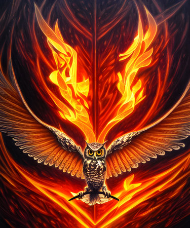 Fire Owl looking at camera 3d illustration wide spreaded wingsの素材