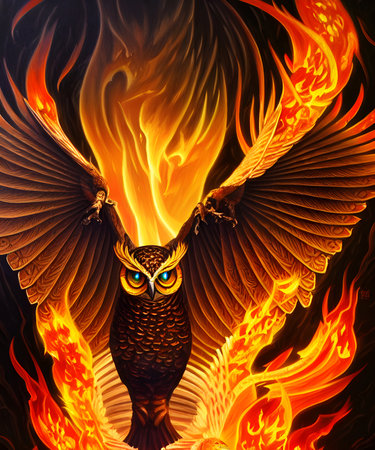 Fire Owl looking at camera 3d illustration wide spreaded wingsの素材