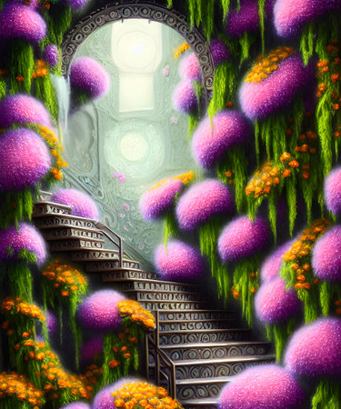 Dreamy colorfull stairs with bushes of flowers 3d illustrationの素材