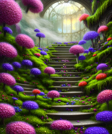 Dreamy colorfull stairs with bushes of flowers 3d illustrationの素材
