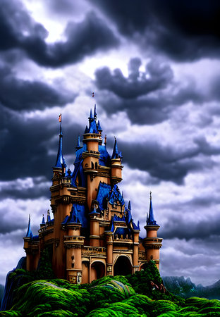 Castle in high mountains with clouds 3d illustrationの素材