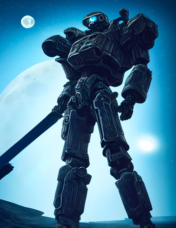 Mech warior robot cyborg war machine 3d illustrationの素材