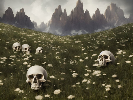 Human Skulls in beautifull mountains valleyの素材