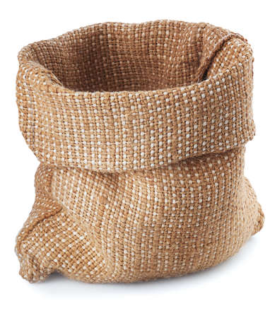 empty burlap sack bag isolated on white backgroundの写真素材