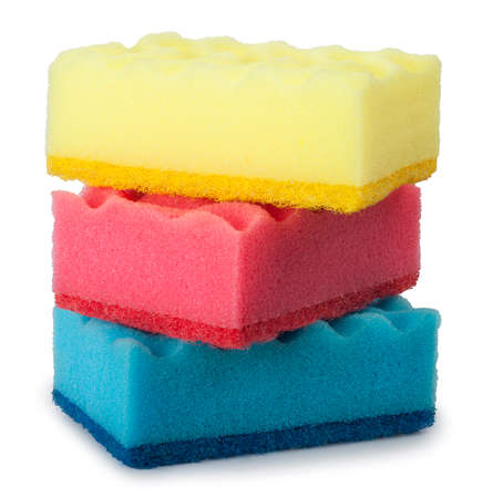 stack of colored sponges for cleaning isolated on white backgroundの写真素材