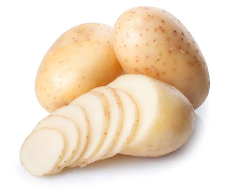 Sliced potatoes. Fresh potatoes isolated on white background.の写真素材