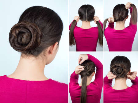 Hair tutorial step by step. Simple hairstyle twisted bun tutorial. Backstage technique of twist bun....