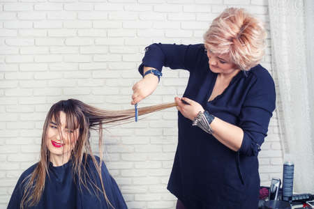 Professional hairdresser making haircutの写真素材