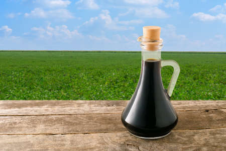 soy sauce in glass bottle on wooden table with green field on the background. Soybean field with blue sky. Photo with copy space area for a text. Seasoning soy sauce on a natural backgroundの写真素材
