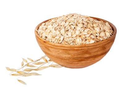 oat flakes in bowl and ripe oat ears isolated on white background. Uncooked oatmeal