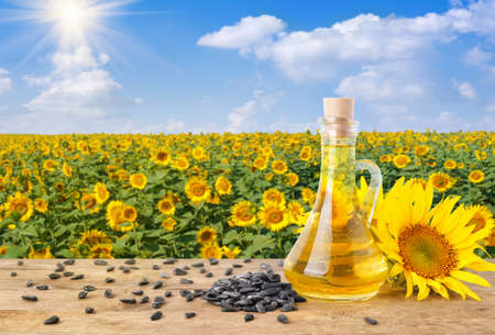 sunflower oil in glass bottleの写真素材
