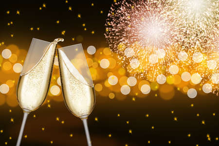 two glasses of champagne making toast on holiday backgroundの写真素材