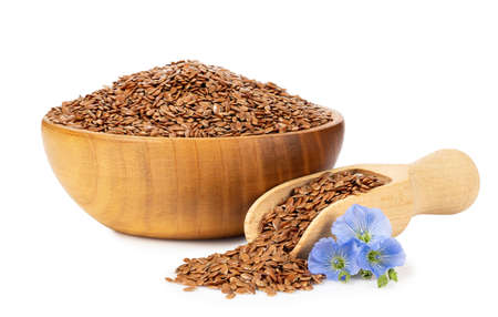 flax seeds in bowlの写真素材