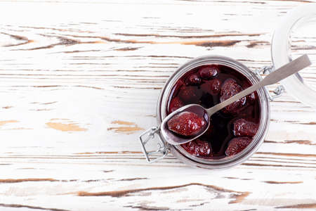 strawberry jam on table
