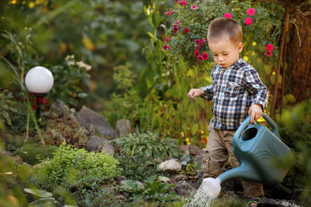 little boy with watering canの写真素材