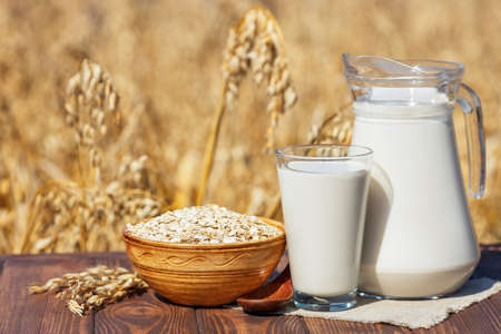 vegan oat milk and oatmealの写真素材