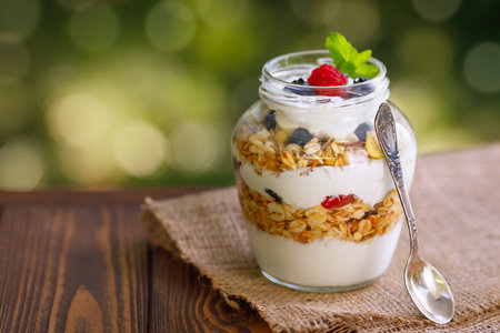 granola with greek yogurt and berries in glass jarの写真素材