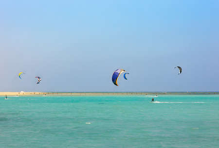 colorful kites for kiteboarding is flying in the blue skyの写真素材