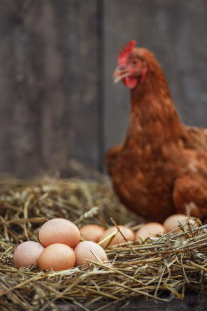 closeup heap of eggs with red chicken in dry straw inside a wooden henhouseの写真素材