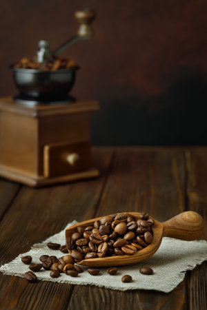 coffee beans in scoop on table with manual grinder on the backgroundの写真素材