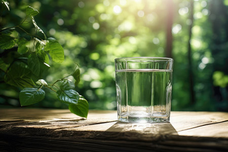 clean drinking water in glass on wooden table with green natural backgroundの素材