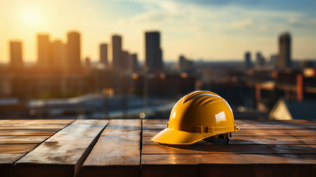 yellow safety hard hat on the table with construction site at sunset on the backgroundの素材