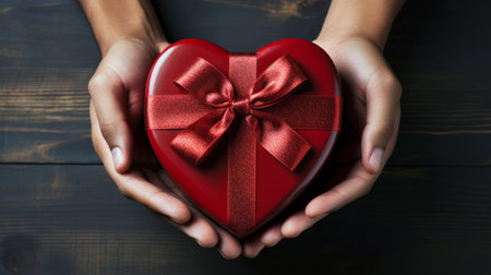 top view of closeup African American male hands holding gift heart shaped box with red bow and wooden table as background. Valentine's day present conceptの素材