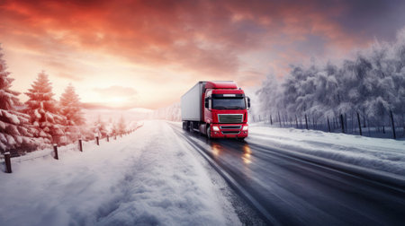 red truck drives on winter road with snowy forest aroundの素材