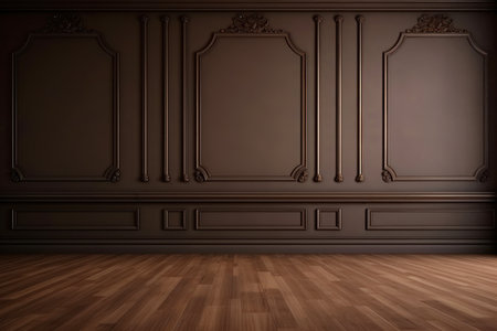 dark brown classic wall background with parquet floor. Mockup of empty room with copy spaceの素材