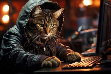 funny serious cat hacker working on the computerの素材