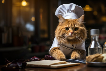 cute big cat as chef with white cap and costume in the kitchen of restaurantの素材
