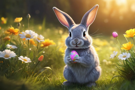 cute little bunny holding in paws Easter egg on green grass with spring flowers at sunset. Greeting card conceptの素材