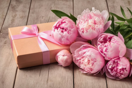 beautiful pink peony flowers and gift box with bow on wooden table. Concept of Mothers day greeting card or celebration backgroundの素材