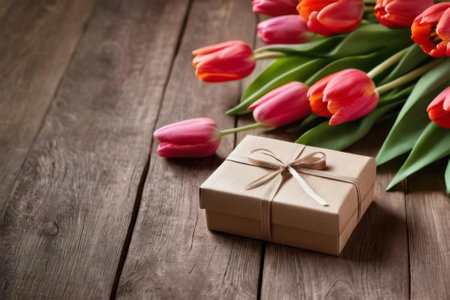 fresh beautiful tulip flowers and gift box on wooden table with copy space. Concept of Mothers day celebrationの素材