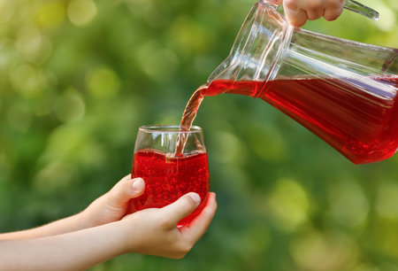 child hands holding glass and cherry juice pouring from jug with green garden on the backgroundの写真素材