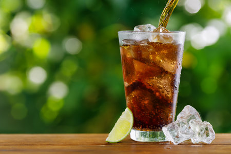 cola pouring in glass with ice cubes on wooden table outdoorsの写真素材