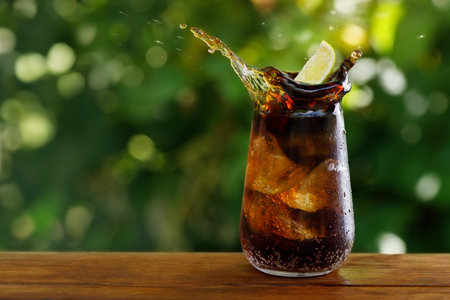 slice of lime falling in glass of cola with splash on table outdoors