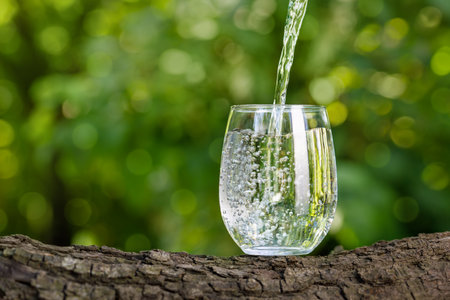 drinking water pouring into glass on log with green natural backgroundの写真素材